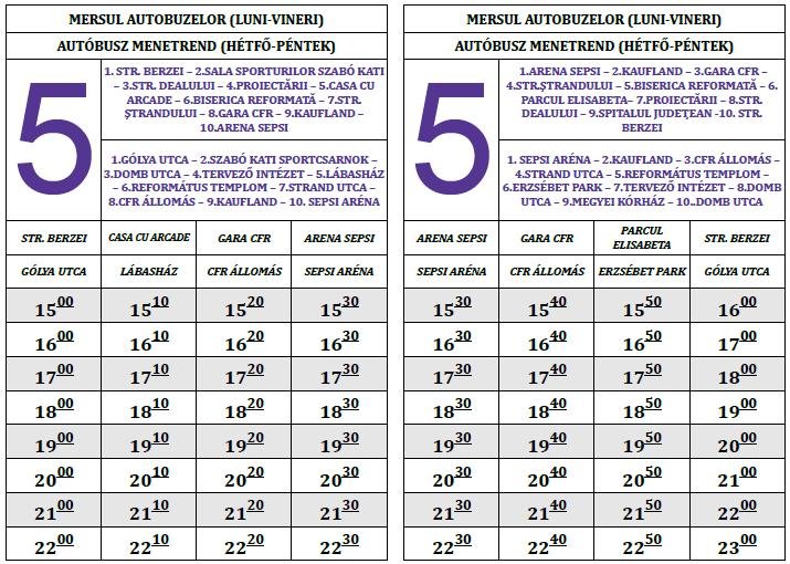 Mersul autobuzelor linia 5, luni–vineri (2018)